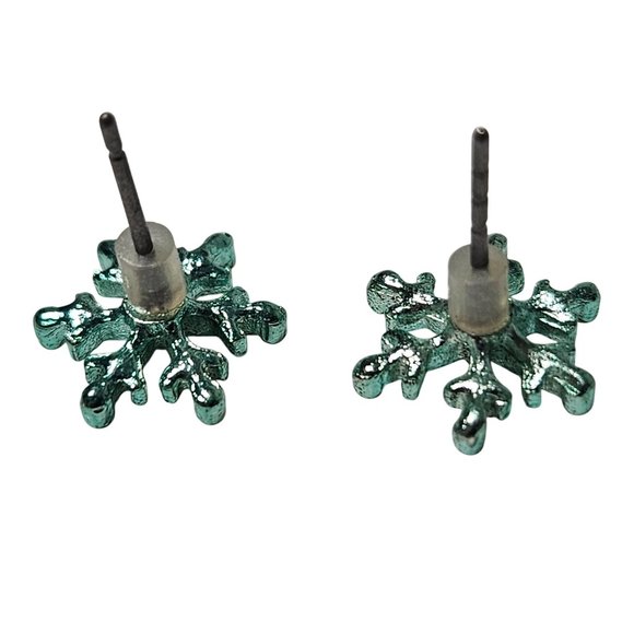 Snowflake Design Turquoise Glitter Stud Earrings Holiday Winter Fashion Jewelry - Picture 2 of 3